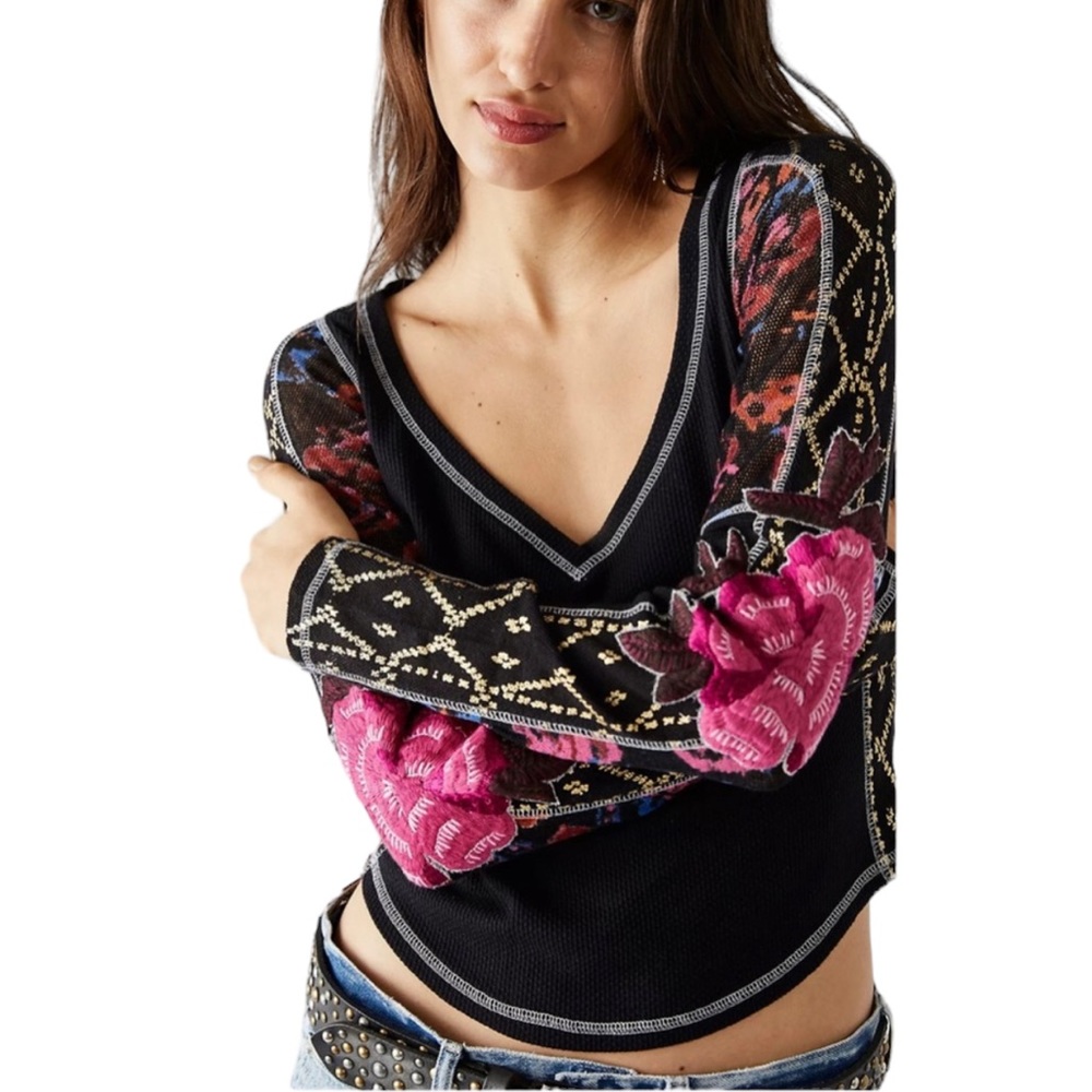 Free People Amara Top Black Thermal Embroidered Stitched Floral Gold NWT NEW XS